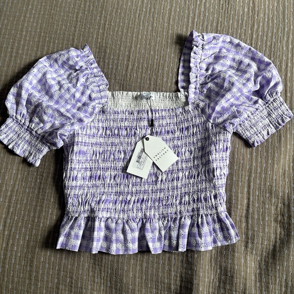 English Factory Square Neck Purple Gingham Smocked Short Sleeve Blouse Medium - Picture 4 of 7
